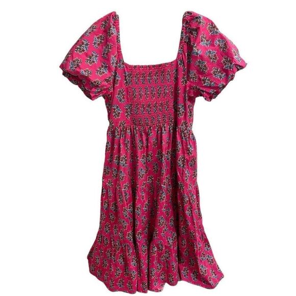 J. Crew Factory Womens Tiered Midi Dress 12 Pink Puff Sleeves Floral Milkmaid - Picture 2 of 14